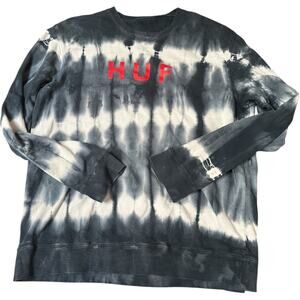HUF Tie-Dye Crewneck Sweatshirt – Black & White with Red Logo, Size Large
